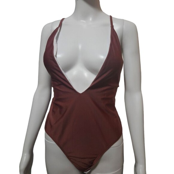 Shein Plunging One Piece Swimsuit Criss Cross Strap Back - Picture 2 of 7